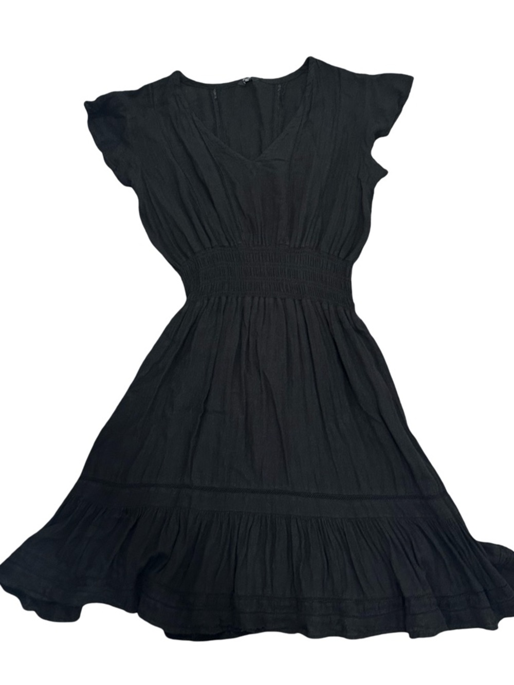Rails Women’s Large “Tara” Black Linen Blend Smocked Waist Short-Sleeve Dress